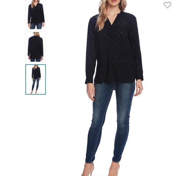 Vince Camuto Long Sleeve Split Neck Embroidered Black Blouse - Picture 2 of 10